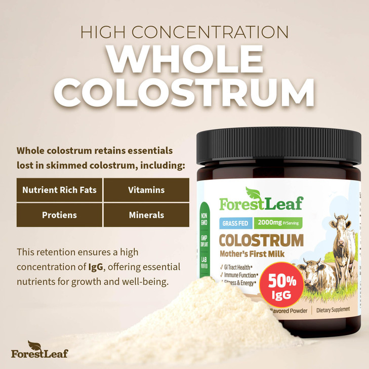 ForestLeaf Colostrum Powder 50% IgG Highest Pure Concentration, Grass Fed Colostrum Supplement for Gut Health, Immune Support and Muscle Recovery, Bo