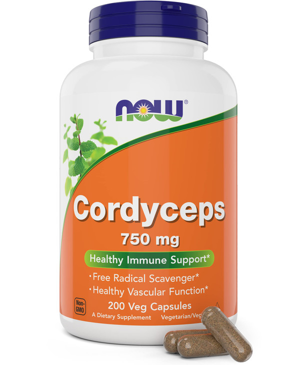 NOW Foods Cordyceps 750mg 200 Veg Caps - Organic Cordycep Sinensis Mycelium Mushroom in Non-Organic Capsules - Vegan, Non-GMO