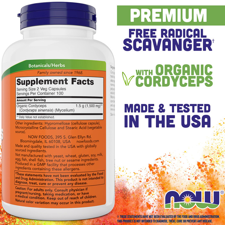 NOW Foods Cordyceps 750mg 200 Veg Caps - Organic Cordycep Sinensis Mycelium Mushroom in Non-Organic Capsules - Vegan, Non-GMO