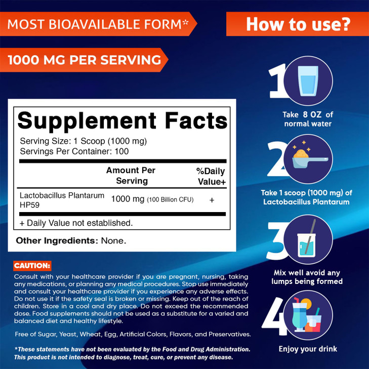 Vitamatic Lactobacillus Plantarum Probiotic Powder - Digestive Health Support - 100 Gram (3.5 OZ) - 100 Servings