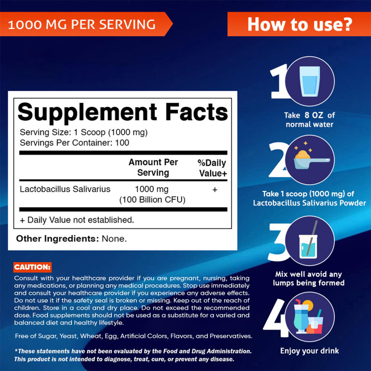 Vitamatic Lactobacillus Salivarius Probiotic Powder - Digestive Support - 100 Gram (3.5 OZ) - 100 Servings