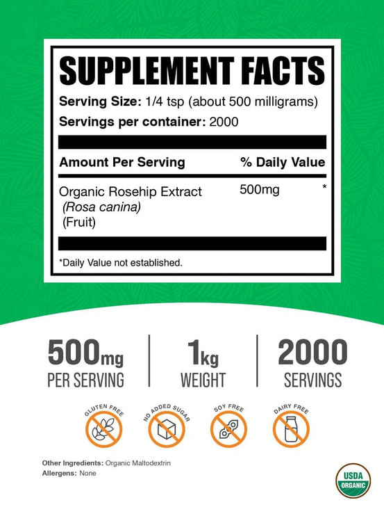 BulkSupplements.com Organic Rosehip Extract Powder - Rose HIPS Supplement, Rosehip Powder - Herbal Supplement, Antioxidants Source - Gluten Free, 500