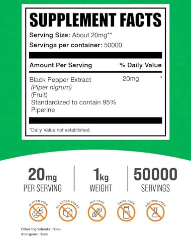 BulkSupplements.com Black Pepper Extract Powder - Black Pepper Supplements, Piperine Supplements - Vegan & Gluten Free, 20mg per Serving, 1kg (2.2 lb