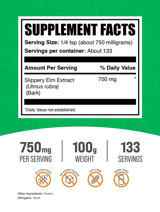 BulkSupplements.com Slippery Elm Bark Extract Powder - Slippery Elm Powder, Sourced from Ulmus Rubra Bark - Gluten Free, 750mg per Serving, 100g (3.5
