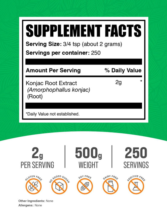 BulkSupplements.com Glucomannan Powder - from Konjac Root Extract Powder, Glucomannan Supplements - Gluten Free, 2g per Serving, 500g (1.1 lbs) (Pack