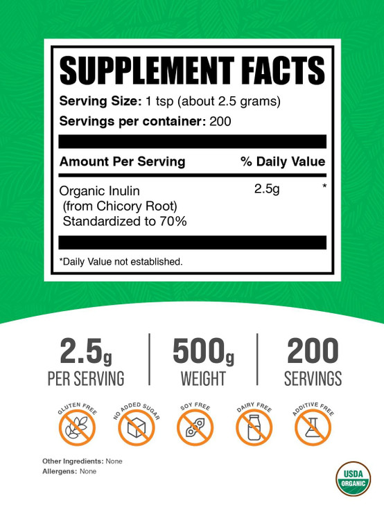 BulkSupplements.com Organic Inulin Powder - Inulin Supplement, Soluble Fiber Powder - Vegan & Gluten Free - 2.5g per Serving, 500g (1.1 lbs) (Pack of