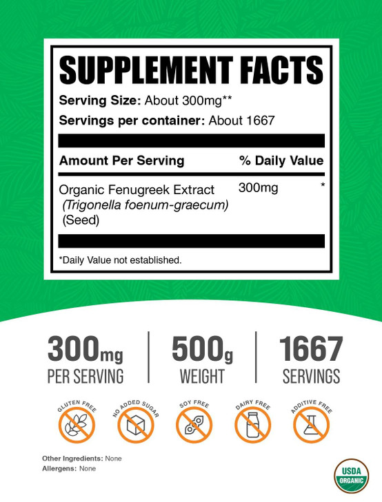 BulkSupplements.com Organic Fenugreek Extract Powder - Herbal Supplement, from Fenugreek Seeds - Gluten Free, 300mg per Serving, 500g (1.1 lbs) (Pack