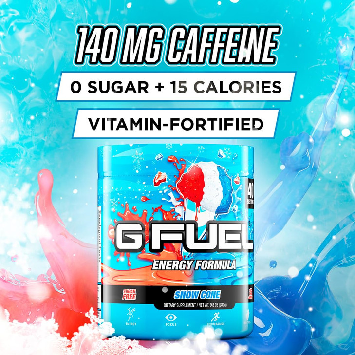 G Fuel Snow Cone Energy Drink Powder, Pre Workout Caffeine Mix for Gaming, Sugar Free Focus Amino, Vitamin + Antioxidants, 9.9oz (Snow Cone, 40 Servi