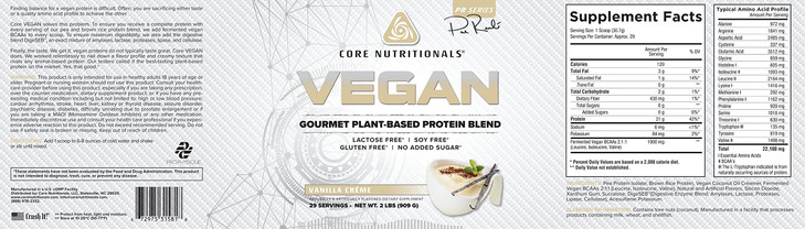 Core Nutritionals Vegan Gourmet Plant Based Protein Blend | with Vegan BCAAs | Lactose, Soy, Sugar, & Gluten Free | 21g Pea Protein | 2 Pound (Vanill