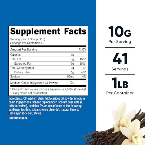 Nutricost C8 MCT Oil Powder 1LB (16oz) Vanilla Flavor - 95% C8 MCT Oil Powder, Best for Keto Diets, Non-GMO, Gluten Free