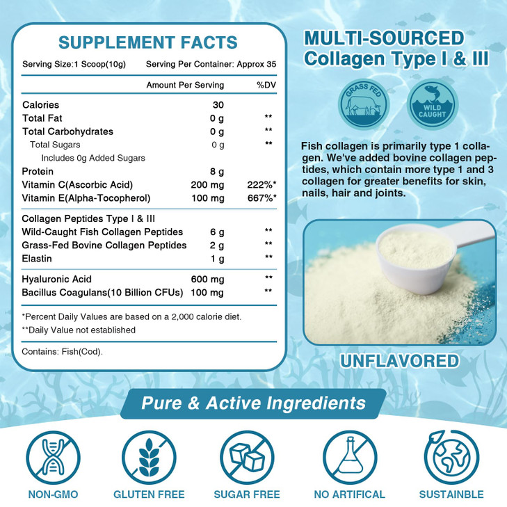 NATURE TARGET Marine Collagen Peptides Powder - Type I & III Collagen with Probiotics, Vitamin C & Hyaluronic Acid for Skin, Hair, Nails, Wild-Caught