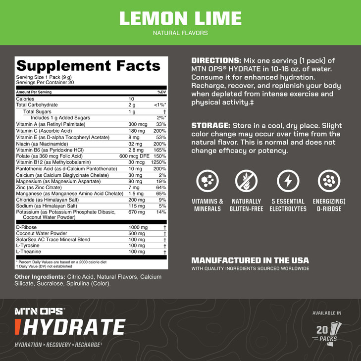 MTN OPS Hydrate Electrolytes Powder Drink Mix, 20 Single Serving On-The-Go Electrolyte Packs with Over 1000mg of Electrolytes per Serving, Lemon Lime