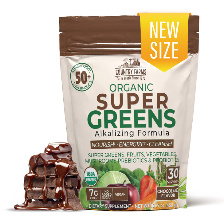 Country Farms Super Greens Chocolate Flavor, 50 Organic Super Foods, USDA Organic Drink Mix (Wheat Grass, Spirulina, Chlorella) Mushrooms & Probiotic