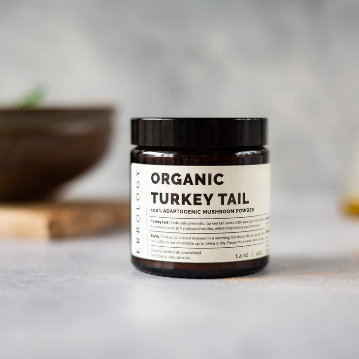 Erbology Organic Turkey Tail Mushroom Powder 40 Servings - 22% Beta-glucans - Prebiotic and Gut Nourishing - Trametes Versicolor - Small Batch - Sust