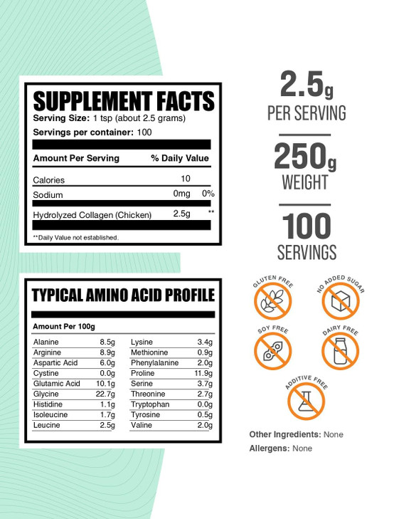 BulkSupplements.com Chicken Collagen Powder - Hydrolyzed Collagen Supplement, for Hair, Skin, & Nails - Unflavored & Gluten Free, 2.5g per Serving, 2