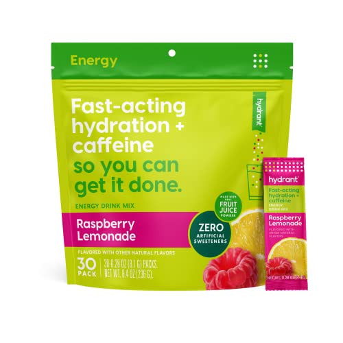 Hydrant - Energy Electrolyte Powder, Raspberry Lemonade Flavor, 30 Caffeine & L-Theanine Energy Hydration Stick Packs - Low Sugar Energy Powder for D