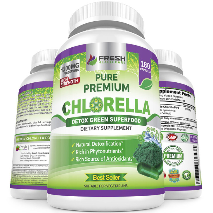 FRESH HEALTHCARE Premium Chlorella Supplement, 1200mg Pure Vegan Powder Capsules, 180 Chlorophyll and CFG Pills, Natural Detox Superfood, Naturally C