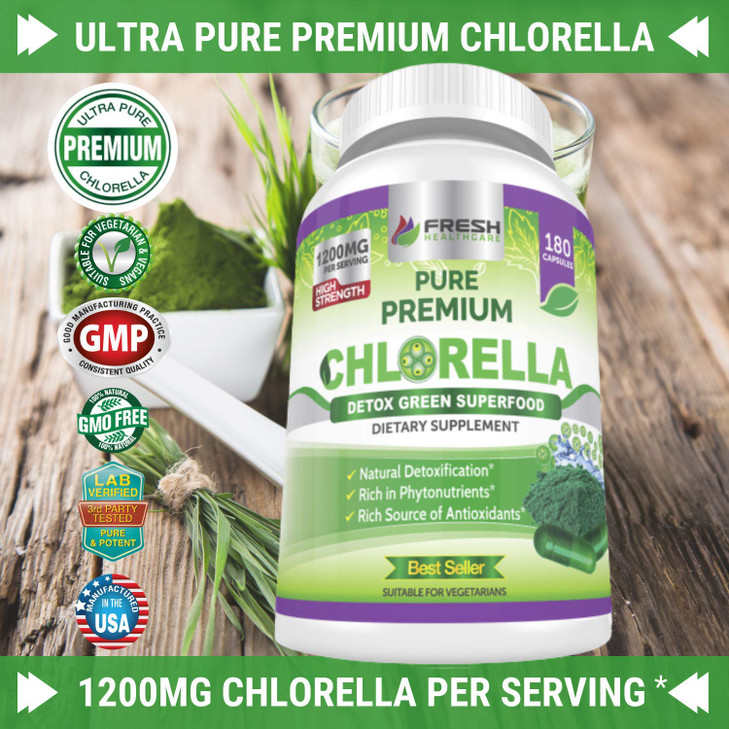 FRESH HEALTHCARE Premium Chlorella Supplement, 1200mg Pure Vegan Powder Capsules, 180 Chlorophyll and CFG Pills, Natural Detox Superfood, Naturally C