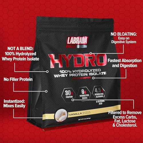 LABRADA Hydro 100% Pure Hydrolyzed Whey Protein Isolate Powder, Lactose Free, Glutamine, Fastest Digesting Whey Available, Instant Mixing, Delicious