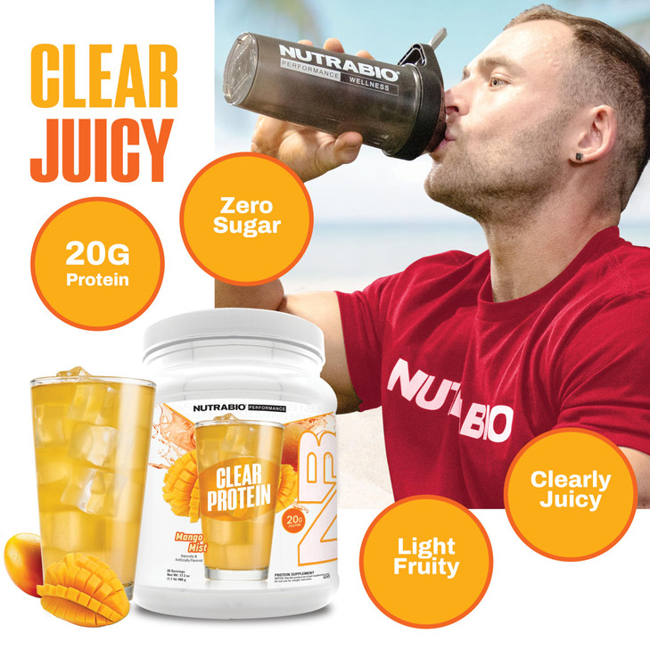 NutraBio Clear Protein Powder, Mango Mist - 20 Servings, 20g Clear Whey Protein Isolate, 0 Sugar, 0g Lactose, Refreshing Fruit Flavors, GLP1 Support