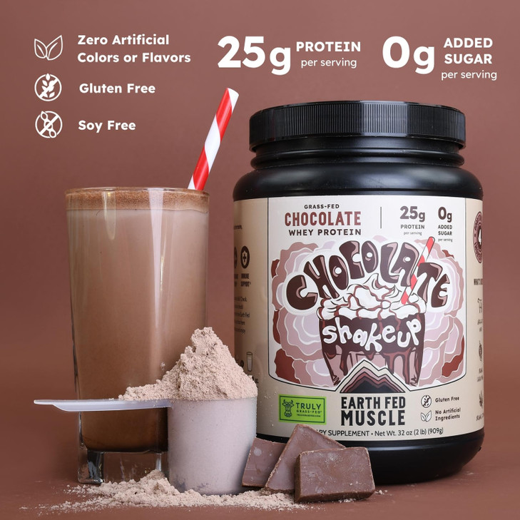 Earth Fed Muscle Chocolate Shakeup Truly Grass Fed Whey Protein Isolate NSF-Certified. No Artificial Ingredients, Soy Free, Gluten Free, Non-GMO and