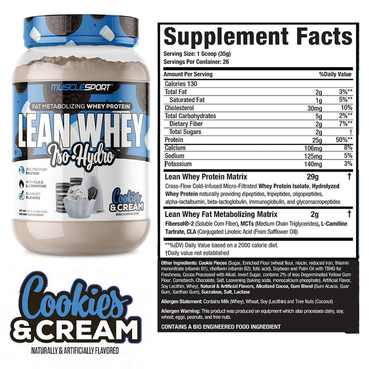 Musclesport Lean Whey Revolution, Whey Protein Isolate with Hydrolyzed Whey - Low Calorie, Low Carb, Low Fat, Incredible Flavors - 25g Protein per S