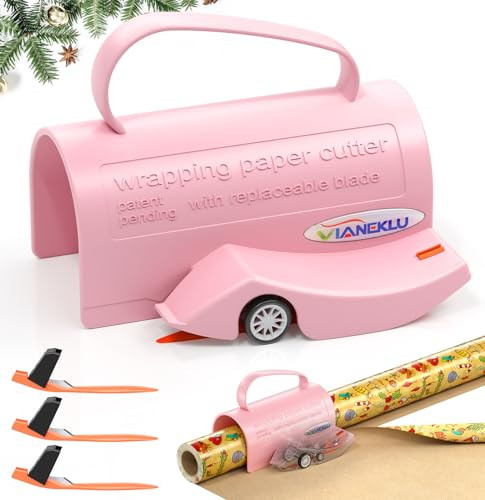 Wrapping Paper Cutter Slider, Gift Wrap Cutter Tool with 3 Replaceable Blade with Handle for Christmas Paper Roll Wrapping, Christmas Gift Packing Cu