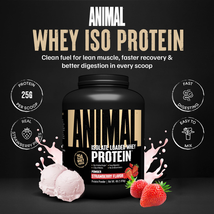 Animal Whey Isolate Protein Powder - Loaded for Pre & Post Workout Muscle Builder and Recovery with Digestive Enzymes for Men & Women - 25g Protein,