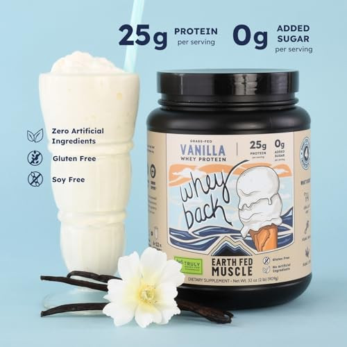 Earth Fed Muscle Whey Back Irish Grass Fed Whey Protein Isolate - NSF Certified, 25g Protein, Vanilla - Non-GMO, Hormone Free, Soy Free, Gluten Free