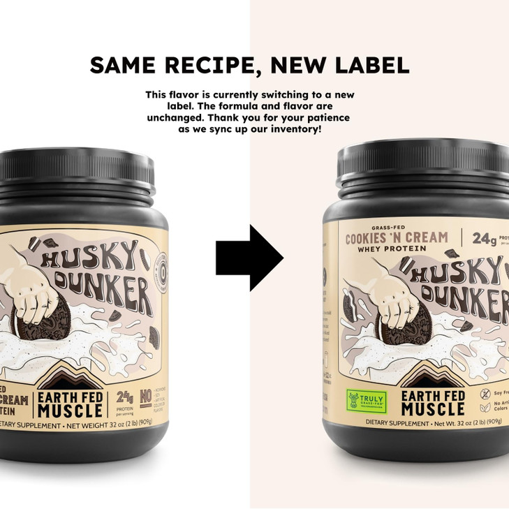 Earth Fed Muscle Husky Dunker Cookies N' Cream Truly Grass Fed Whey Protein Powder - No Artificial Ingredients, Soy Free, Non-GMO and Hormone Free (2