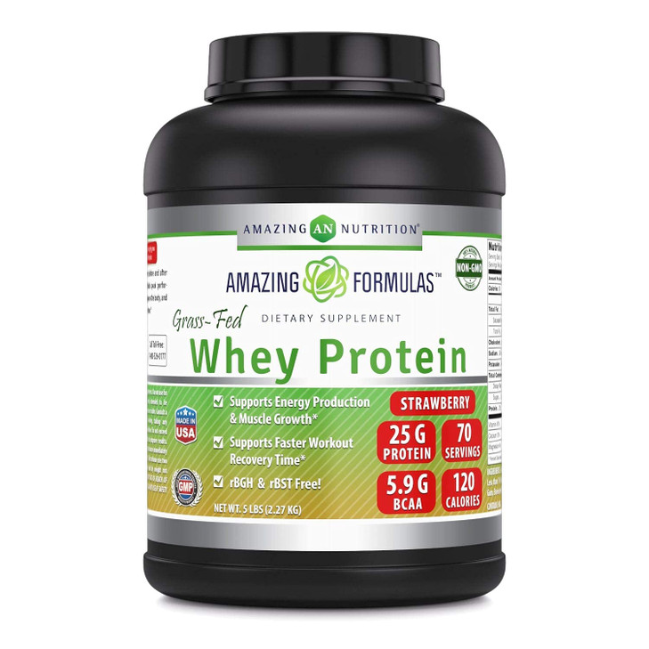 Amazing Formulas Grass Fed Whey Protein Supplement | Strawberry Flavor | 25 G Protein | 5 Lbs | Non-GMO | Gluten-Free | Made in USA