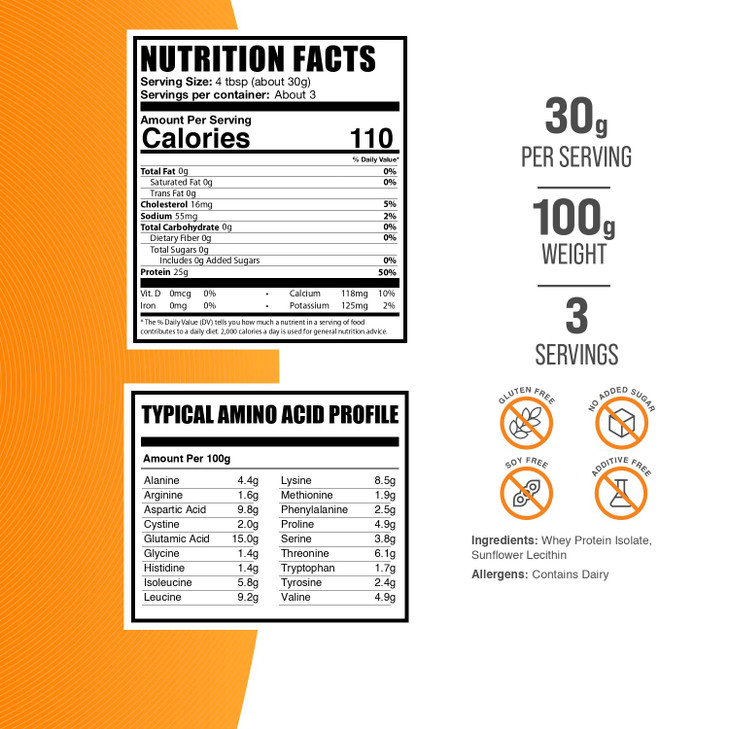 BulkSupplements.com Whey Protein Isolate Powder - Unflavored Whey Protein Powder, Nutritional Supplement - Gluten Free, 30g per Serving, 100g (3.5 oz