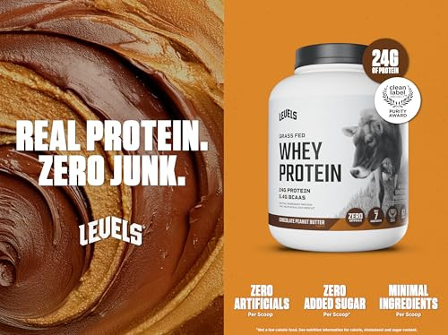 Levels Grass Fed Whey Protein Powder, No Artificials, 24G of Protein, Chocolate Peanut Butter, 5LB