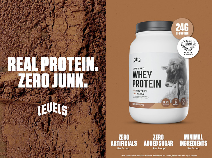 Levels Grass Fed Whey Protein Powder, No Artificials, 24G of Protein, Pure Chocolate, 2LB
