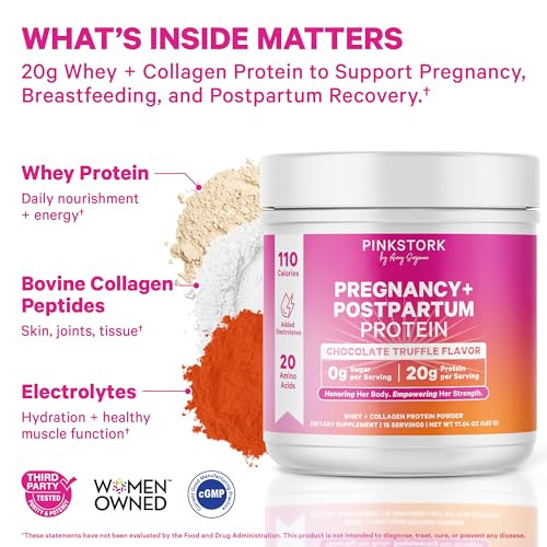 Pink Stork Pregnancy & Postpartum Protein Powder for Women, 20g Whey & Collagen, Prenatal & Breastfeeding Protein Shake Mix for Energy, Recovery & Hy