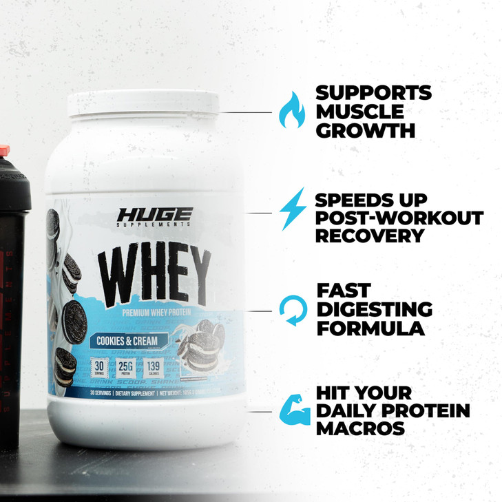 Huge Whey, Protein Powder for Muscle Gain, 25g Protein, 12g EAAs, Supports Muscle Growth, Performance & Recovery (Cookie & Cream, 30 Servings)