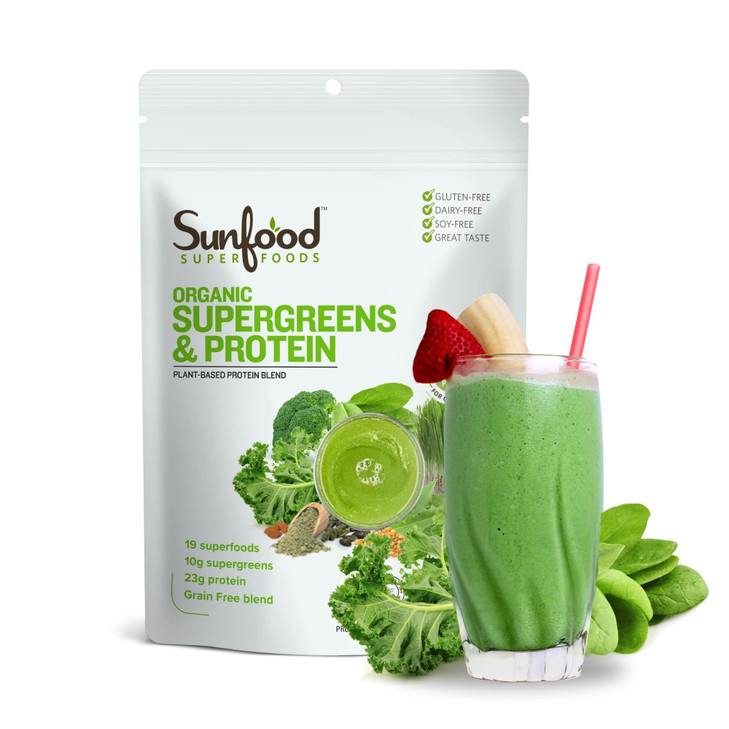 Sunfood Organic Supergreens & Protein - Greens Superfood Powder, Organic Protein Powder, Plant Based Vegan Protein, Super Greens for Gut Health w/Chl