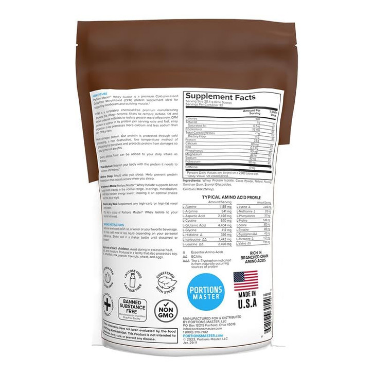 Portions Master CFM Whey Isolate Protein Powder, 2 LB, 23g Low Carb, Low Fat, Cold-Processed, Fast Absorbing, Muscle Growth & Recovery Support (Choco