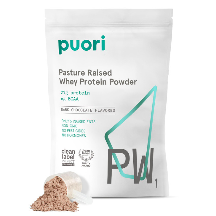 Puori Whey Protein Powder, Dark Chocolate - PW1 Pasture-Raised, Grass-Fed Whey Protein Powder Drink Mix containing BCAA Amino Acids - Post-Workout Su