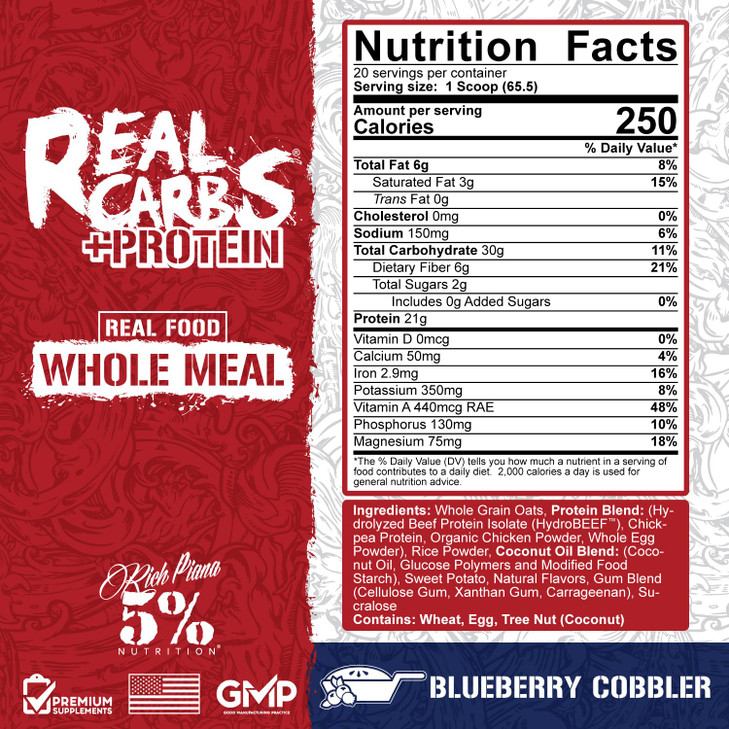 5% Nutrition Rich Piana Real Carbs + Protein | Clean Mass Gainer Protein Powder | Real Food Carbohydrate Fuel for Pre Workout/Post-Workout Recovery M