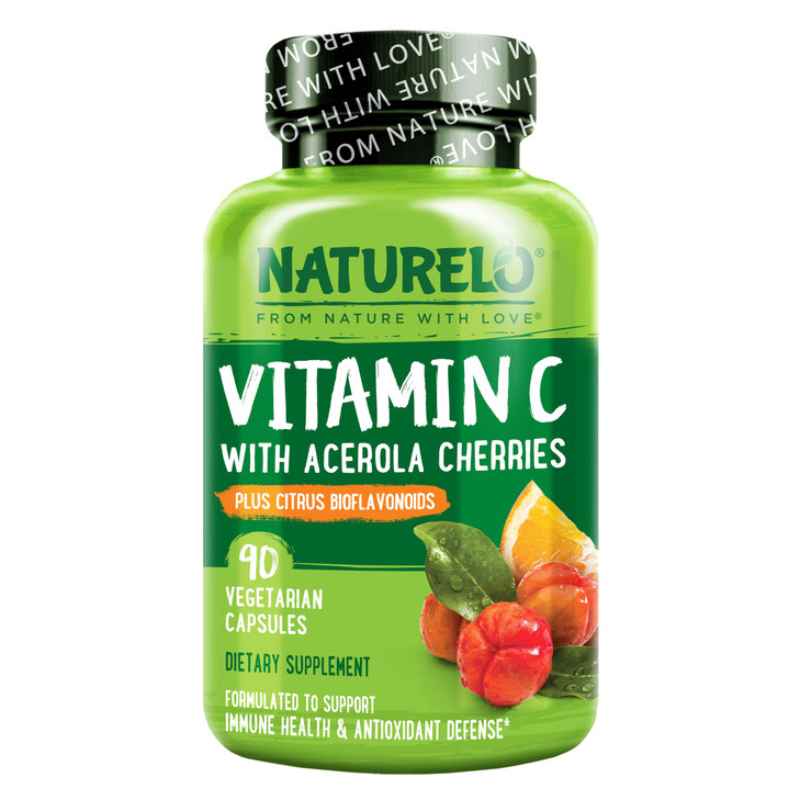NATURELO Vitamin C with Organic Acerola Cherry Extract and Citrus Bioflavonoids - Vegan Supplement - Immune Support - 500 mg VIT C per Cap - Non-GMO