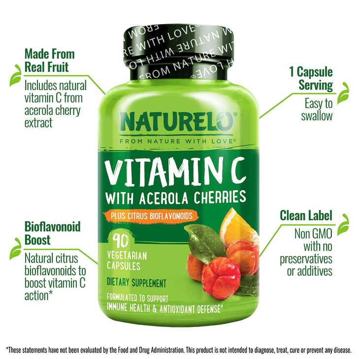 NATURELO Vitamin C with Organic Acerola Cherry Extract and Citrus Bioflavonoids - Vegan Supplement - Immune Support - 500 mg VIT C per Cap - Non-GMO