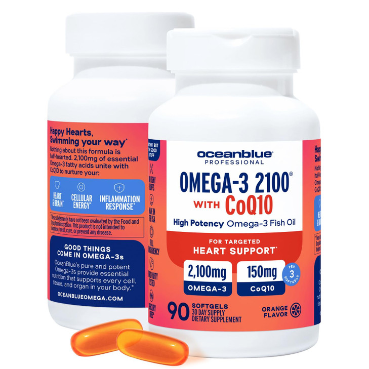 Oceanblue Omega 3 2100 with CoQ10 | Triple Strength Fish Oil Combo Supplement | High Potency 1350MG EPA 650MG DHA with 150MG CoQ10 | Orange Flavor |