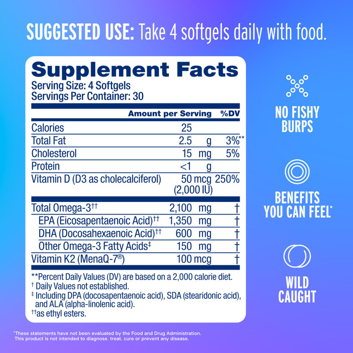 Oceanblue Professional Omega-3 2100 with Vitamin K2 and Vitamin D3-60 Count 2 Pack- Triple Strength Burpless Fish Oil Supplement with EPA, DHA & DPA