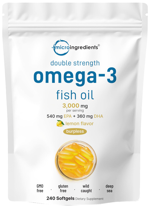 Micro Ingredients Omega 3 Fish Oil Supplements 3,000mg Per Serving, 240 Softgels | Lemon Flavored  Burpless | EPA 540mg + DHA 360mg | Deep Sea Fish