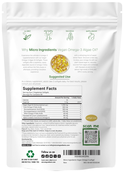 Micro Ingredients Vegan Omega 3 Algae Oil, 240 Veggie Softgels | Fish Oil Alternative | DHA 500mg & DPA 100mg | Carrageenan Free | Plant-Based Omega