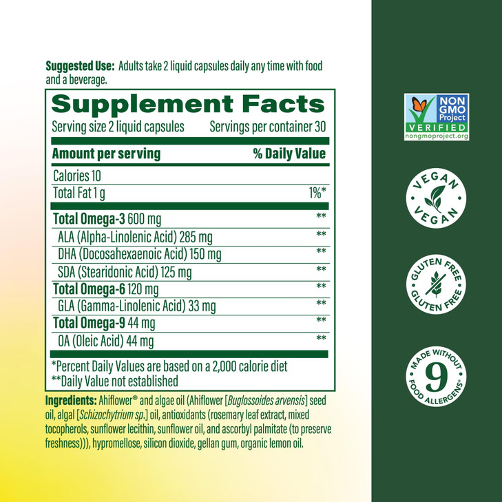 MegaFood Vegan Omega 3 6 9 - Burp-Less Supplement - 600 mg Plant-Based Omega 3 & 150 mg DHA Per Serving - Heart, Brain, Vision & Joint Support - Fish