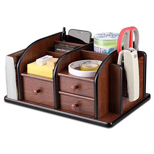 Flexzion Wooden Desk Organizer w/Drawers - Classic Wood Office Supplies Accessories Desktop Tabletop Sorter Shelf Rack Cherry Brown Pencil Holder Cad