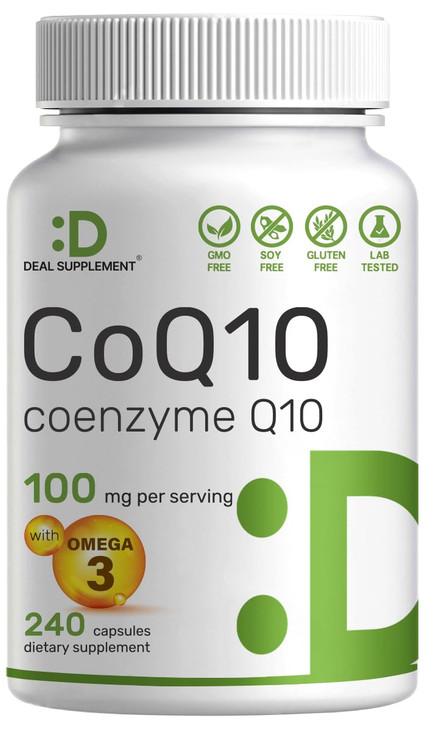 DEAL SUPPLEMENT CoQ10 100mg with Omega 3 100mg, 240 Capsules | Bioavailable Coenzyme Q10 Formula | Non-GMO