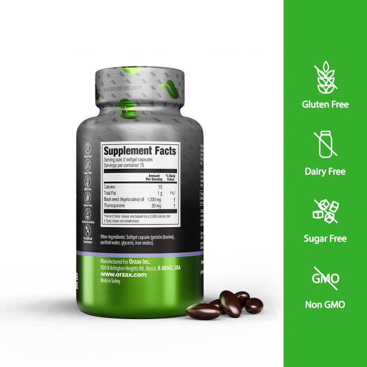 ORZAX Black Seed Oil Cold Pressed 100% Pure | Non-GMO  Rich in Omega 3 6 9 & Thymoquinone | Black Cumin Nigella Sativa Oil for Immune Support, Hair,